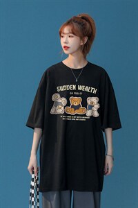 中性风 2023夏季新款小熊印花圆领休闲宽松短袖T恤 T1089 P25控38图片