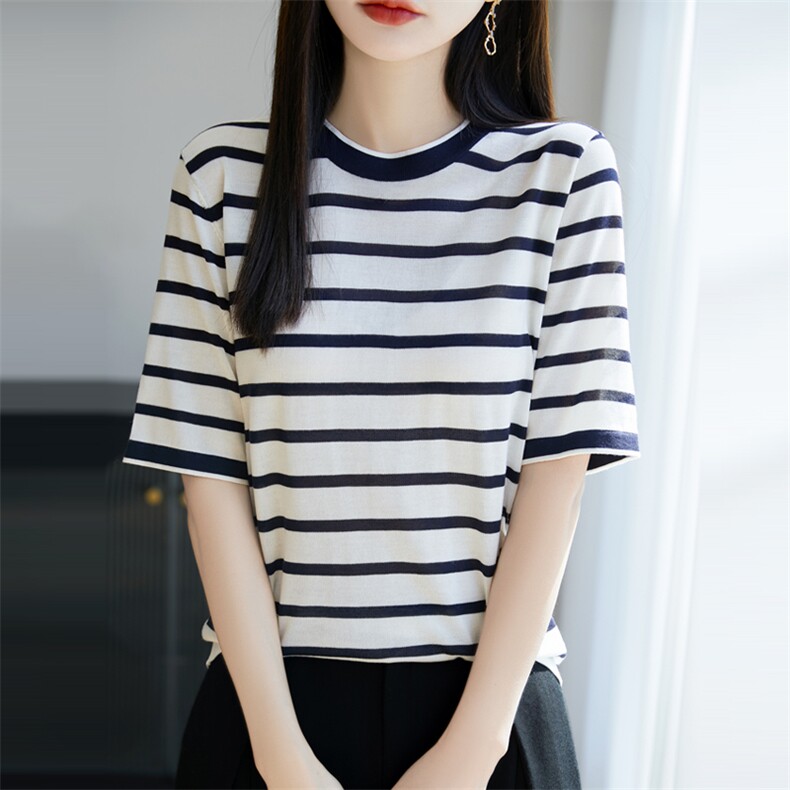 轻奢高级风！桑蚕丝撞色条纹圆领针织短袖T恤女,针织衫/毛衣,暖烁羊绒