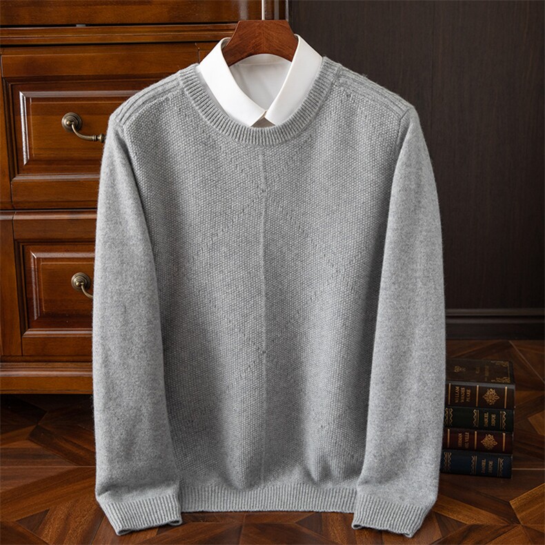 品质男羊绒圆领套头毛衣冬季加厚长袖针织衫经典百搭灰色商务休闲，男装羊绒套衫，欧力羊绒