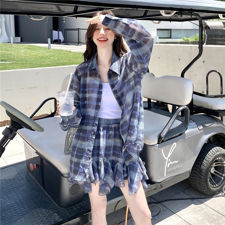 INS风新中式时尚套装时尚蓝色印花裙子碎花欧美风显瘦气质长袖,女装套装/套裙,2C168