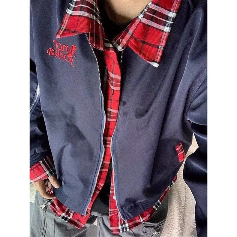 拼接格子假两件外套男春秋款潮牌美式复古翻领飞行员夹克J62,男装夹克,星座1116A（原606A-3）