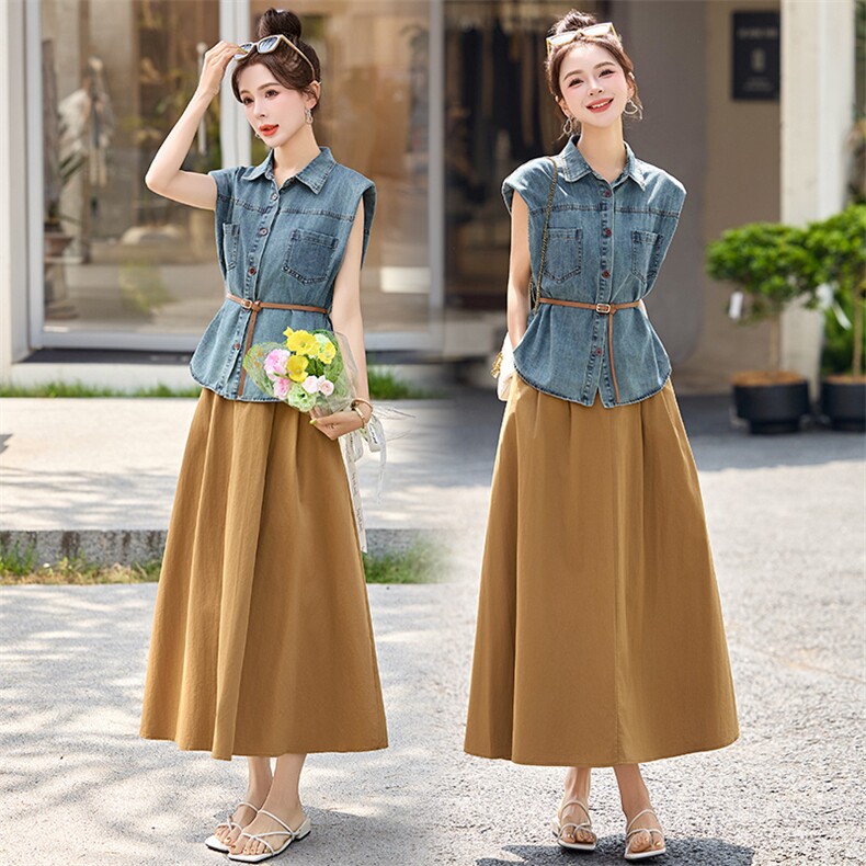 时髦天丝牛仔衫上衣外套+A字中长款半身裙套装两件套通勤职场女夏，女装套装/套裙，魅丽静蓝