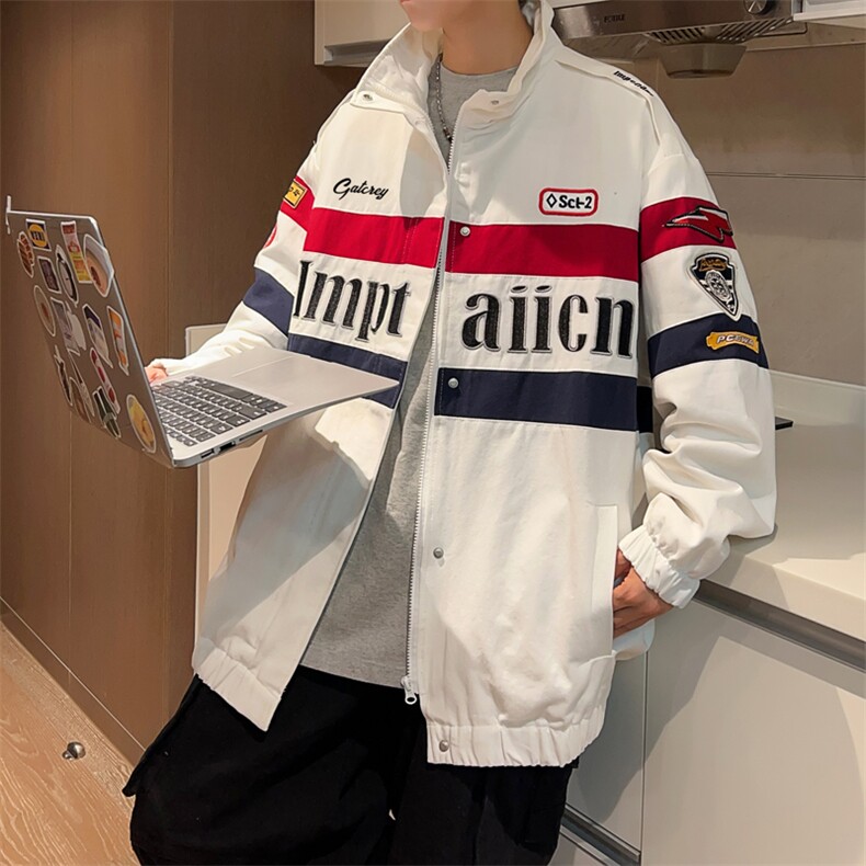 港风秋款男纯棉夹克机车勋章字母刺绣条纹拼色休闲外套JK6012P70,男装夹克,星座1013-1