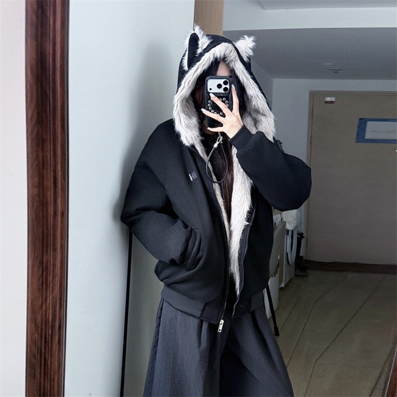 A582-P108 2025冬季猫耳朵座山雕棉服棉衣上衣保暖麂皮绒图片