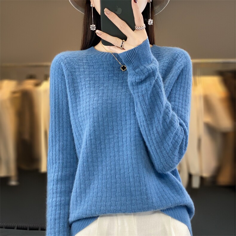 一线成衣羊绒衫女秋冬圆领套头毛衣宽松席编纯色羊毛针织打底衫,女装羊毛衫,大美人高端店