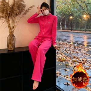 韩版休闲运动时尚套装女秋冬新款纯色拉链开衫外套直筒长裤两件套图片