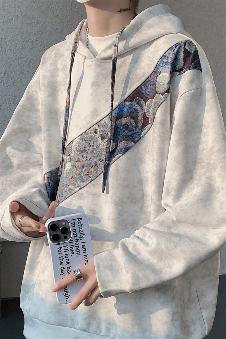 WY10200-特批40春季新款连帽设计感拼接撞色宽松大码扎染卫衣男,男装卫衣,电商A059