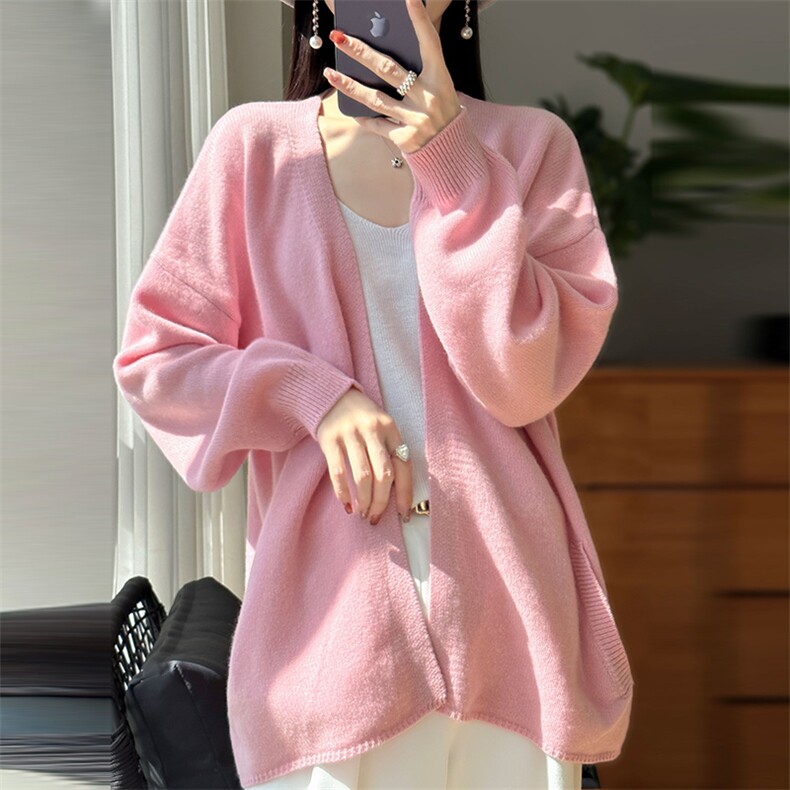 V领100%纯羊毛开衫女秋冬新款宽松慵懒风无扣羊绒衫针织外套毛衣,女装羊毛衫,冀清阳荣