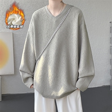 纹理感鸡心领男450g重磅加厚银狐绒长袖T恤T24509J加绒-特P33控65，男装T恤，电商A001-1