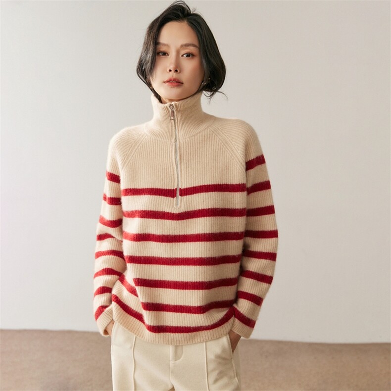 秋季新款条纹半高拉链时尚休闲针织衫，女装针织衫/毛衣，鸥蕊娅羊绒