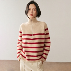 秋季新款条纹半高拉链时尚休闲针织衫，女装针织衫/毛衣，鸥蕊娅羊绒