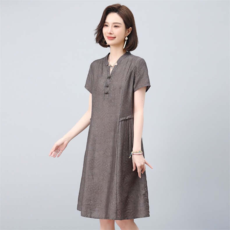 中年妈妈天丝短袖高端连衣裙女夏时尚大码宽松巨好看洋气提花裙子,女装连衣裙,雪樱依海