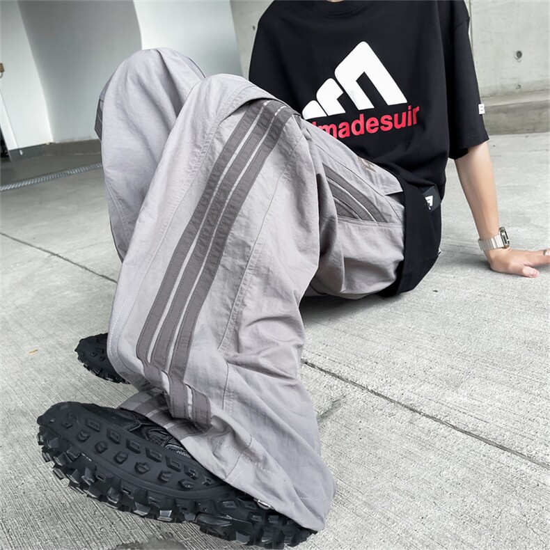 美式条纹速干伞兵裤男薄款潮牌宽松阔腿直筒街舞运动冲锋工装长裤,男装工装外套,星座505-2（原电商A260-1)