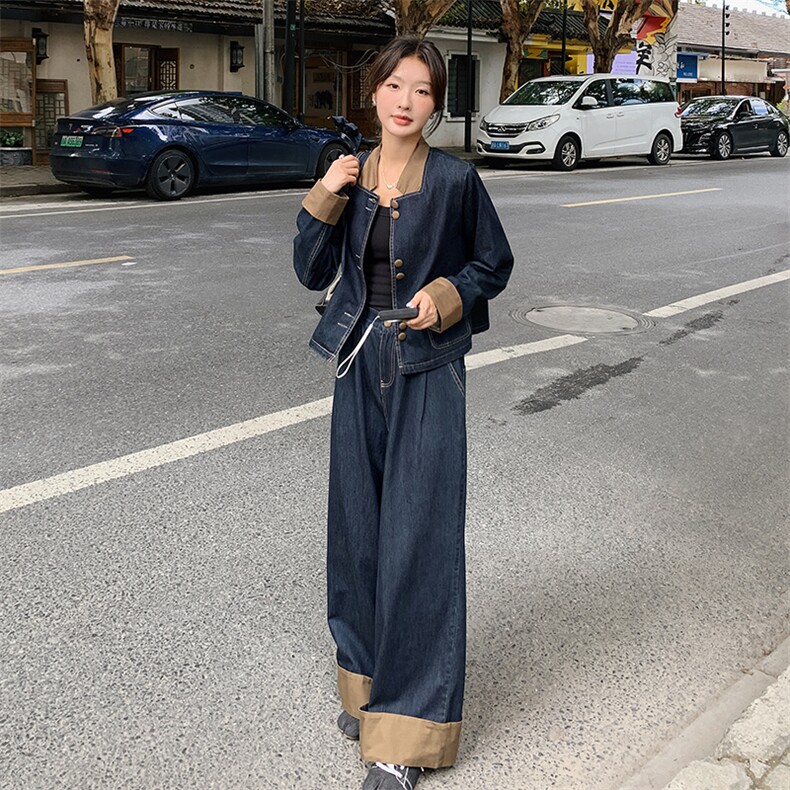 2024年秋季新中式立领长袖上衣外套+拼接直筒阔腿裤牛仔套装，女装套装/套裙，瑶迪