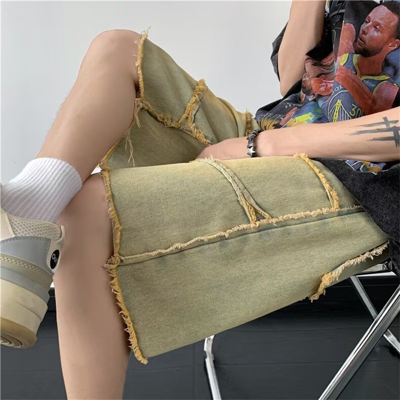 复古美式牛仔短裤男士夏季毛边设计感五分裤休闲潮牌高街百搭中裤,男装牛仔裤,星座716-2