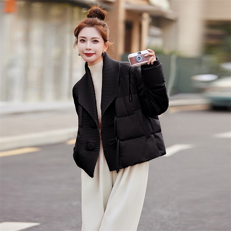 针织拼接羽绒服女欧货2024冬季新款时尚减龄百搭大翻领白鸭绒外套,女装羽绒服,悠米
