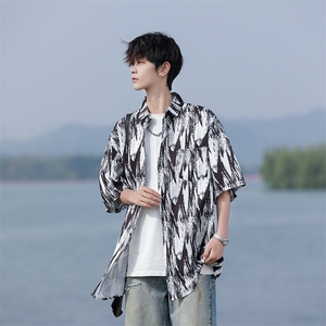 C04-P30 M-7XL夏季新款大码潮牌印花短袖衬衫衬衣图片