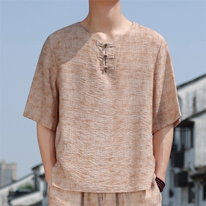 2025夏季男装禅服上衣风冰丝印花盘扣唐装短袖T恤 C103-P45图片