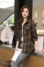时尚春季新款格子衬衫女宽松显瘦长袖百搭休闲上衣外套，女装衬衫，梦芯尔