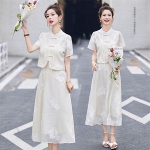 新中式国风套装女2024夏季新款时尚气质优雅显瘦吊带连衣裙两件套图片