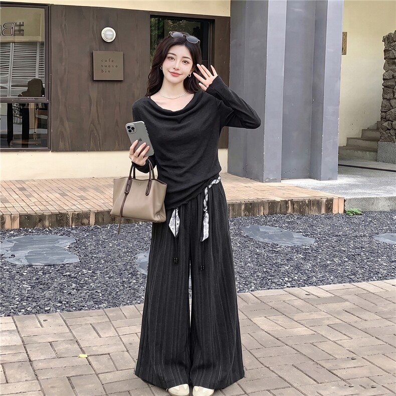 【大量现货】慵懒风收腰上衣条纹阔腿裤套装女松弛感深灰色两件套,女装套装/套裙,韩蔻秀