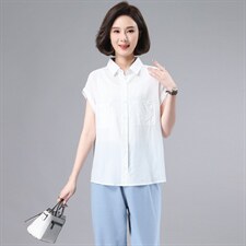 欧货设计感小众半袖薄款衬衫女2024夏装新款宽松衬衣无袖落肩上衣，女装蕾丝衫/雪纺衫，奕阳依阁