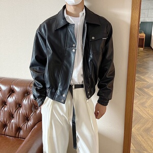 痞帅Pu皮衣小众双拉链垫肩皮夹克男机车服秋冬外套 JW631图片