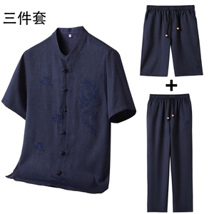 风短袖衬衫唐装长裤三件套男士夏中老年中式汉服MJ5101C-P115图片
