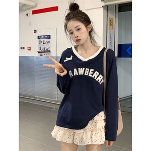 QC026-P55 220克酷棉双棉卫衣女春秋潮设计感蝴蝶结V领韩版上衣图片