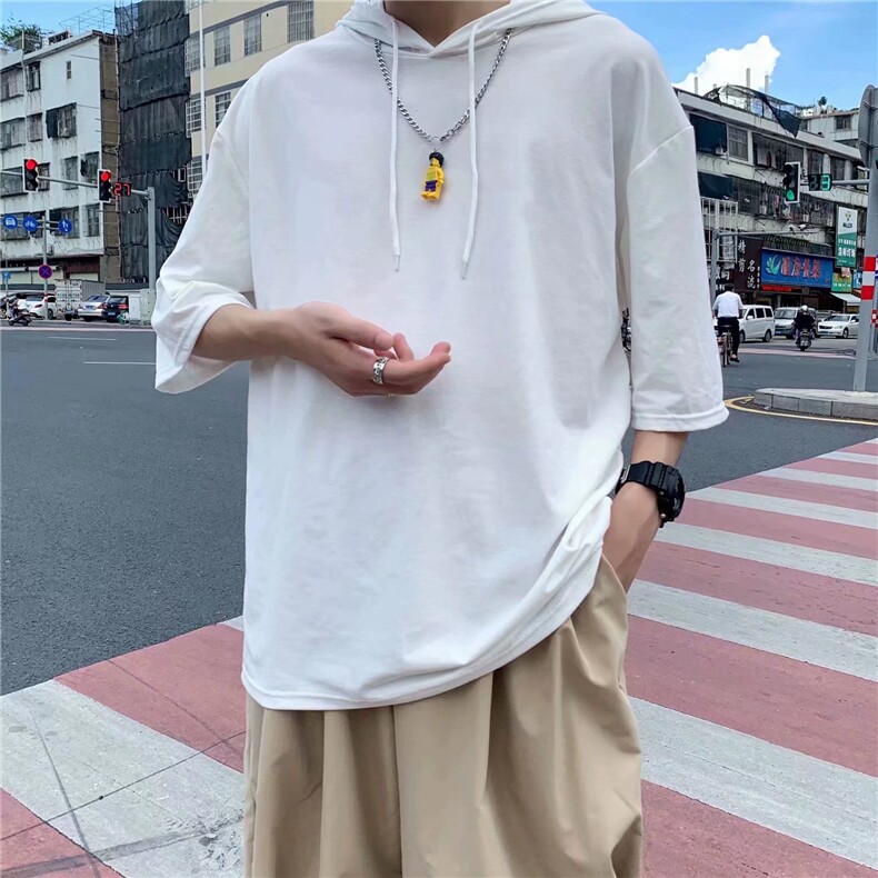 男纯色连帽五分袖T恤宽松短袖T54P24,男装T恤,星座1116-2