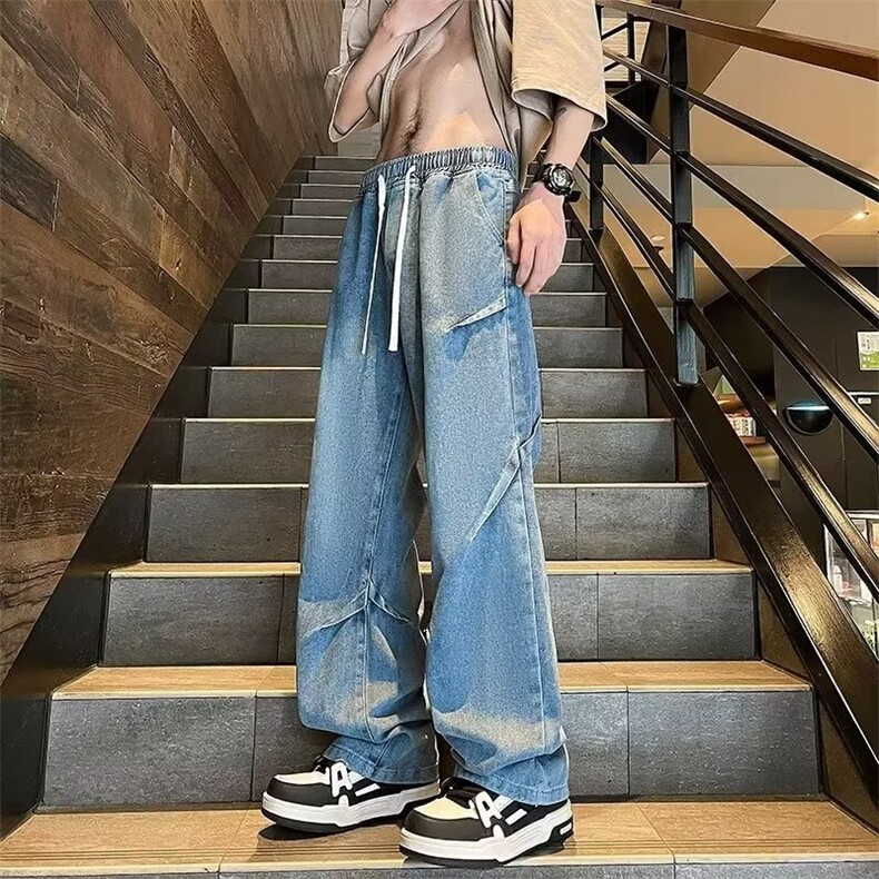 现货牛仔裤男女夏季潮牌美式设计感阔腿裤高街百搭休闲裤子图片