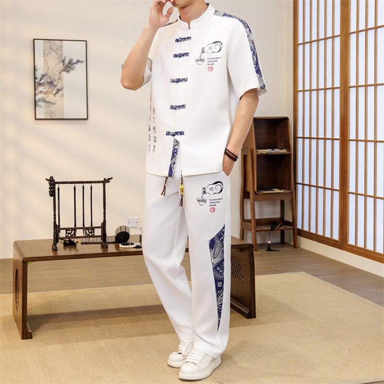 潮风套装男新中式短袖衬衫时尚休闲长裤两件套JZ305-P63,男装T恤,星座310B-3