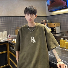 WASSUPHAPPY重磅麂皮绒r星t恤男夏季美式潮牌短袖高街五分袖衣服，男装T恤，电商B371