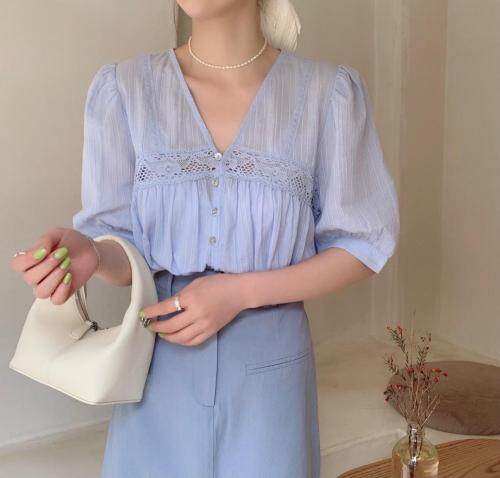 棉布刺绣v领A版上衣，女装，新袖