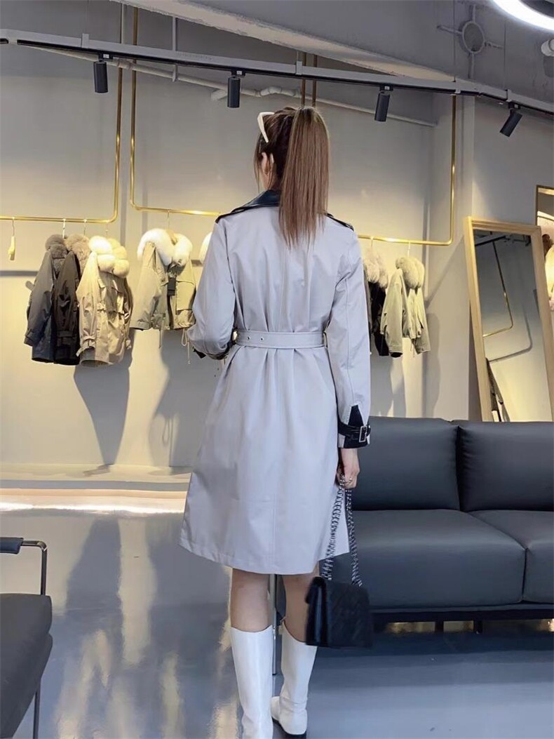 现货秋装新款拼皮风衣，女装风衣，艾涵o