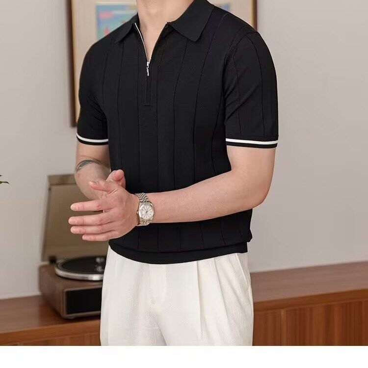 半拉链男士薄款条纹针织短袖夏季青年翻领T恤韩版潮流Polo衫,男装衬衫,星座506A