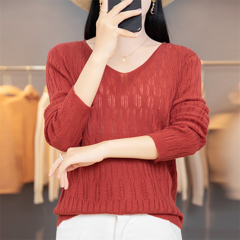 秋季新款毛衣女宽松低圆领长袖套头韩版镂空薄款搭打底羊毛针织衫,针织衫/毛衣,佳绒包芯纱店