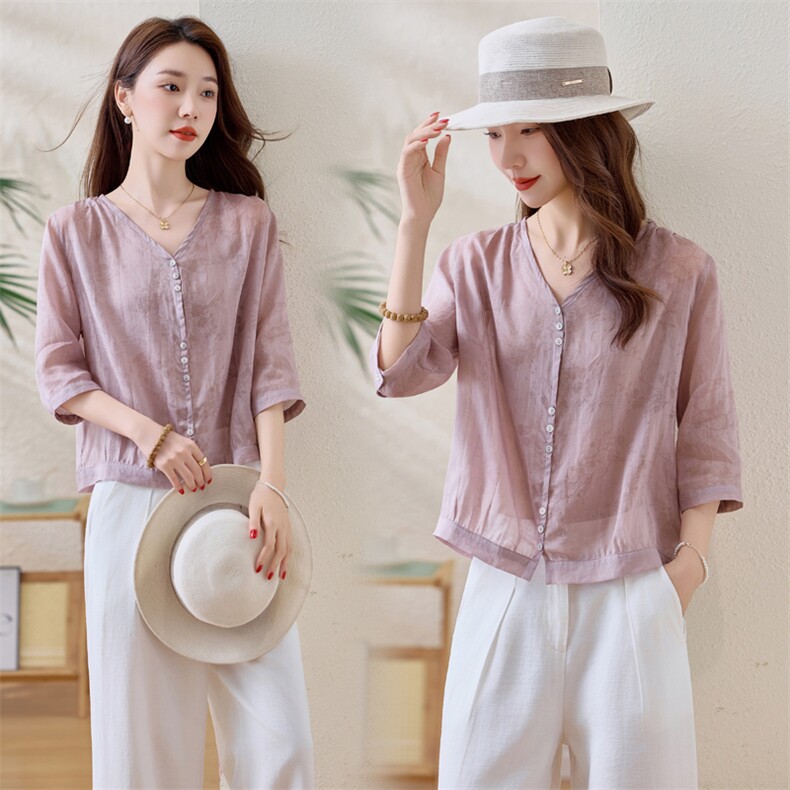 高端苎麻五分袖衬衫女2025夏季新款V领宽松洋气减龄印花小衫上衣，女装衬衫，余墨