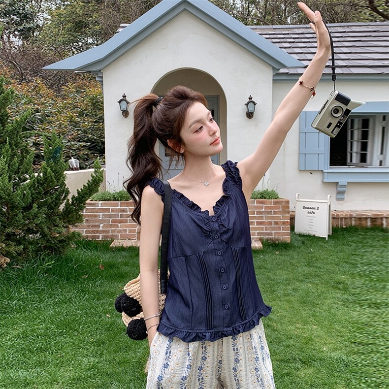 夏季新款少女感显瘦碎花阔腿裤两件套温柔系穿搭法式牛仔小衫套装,女装套装/套裙,浙宝305
