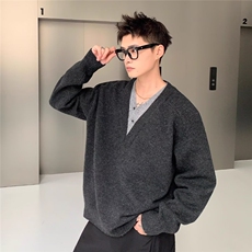 韩系假两件拼接V领毛衣男款秋季高智感慵懒针织衫老钱风复古外套，男装针织衫/毛衣，星座410-7
