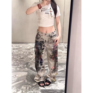 W10141-P60 网图现货 1981美式做旧涂鸦脏脏牛仔裤个性复古长裤图片
