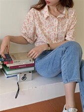 夏季新品/韩版碎花短袖衬衫，女装衬衫，Hello Tina