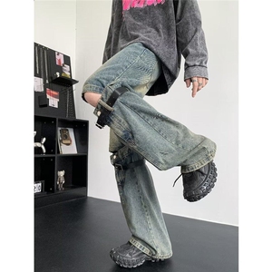 美式高街小众复古做旧高腰立体拼接设计潮牌微喇破洞阔腿牛仔裤男图片
