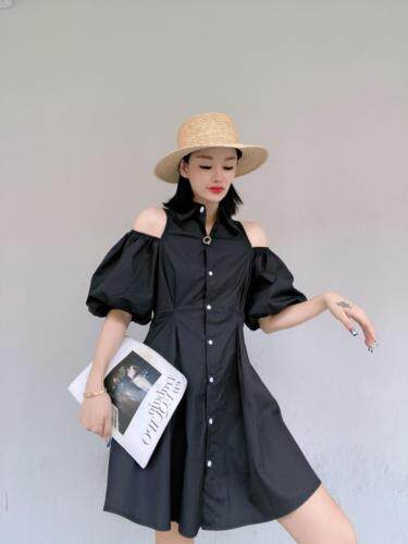 韩版漏肩泡泡袖连衣裙，女装连衣裙，玩美