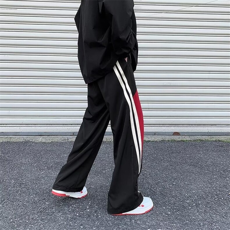 机能防水冲锋裤青年条纹拼接裤痞帅宽松直筒阔腿休闲长裤,男装休闲裤,星座506A