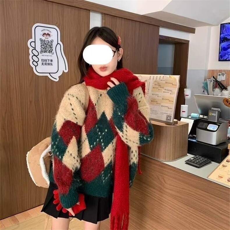 【网图现货】鹿毛绒美式圣诞风格子毛衣W13/P60,男装针织衫/毛衣,星座205-3