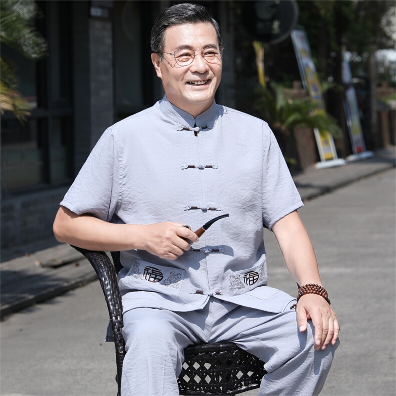 686/P50主推!爷爷短袖唐装上衣老人夏季盘扣刺绣福字衬衫男装,男装衬衫,星座1216（原钱塘722）