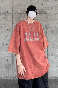 B239-1066-P38 美式复古水洗做旧 小人印花 重磅落肩袖短袖T恤图片