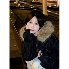 现货重磅boxy短款棉衣座山雕大毛毛领男女棉服水洗工装厚外套，男装棉衣，电商A486