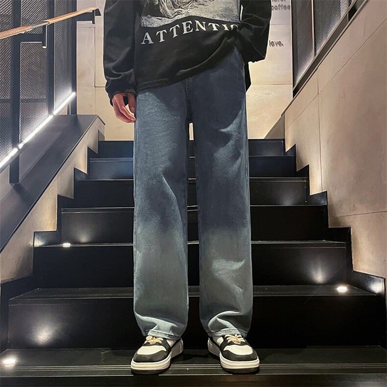美式高街渐变色牛仔裤港风男女高级垂感直筒阔腿裤B381-1/773P48图片
